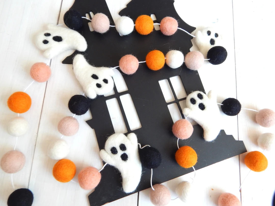 Ghost Garland, Halloween Garland, Blush Black and Orange Fall Decor, Fall Pom Pom Garland, Hallow... | Etsy (US)