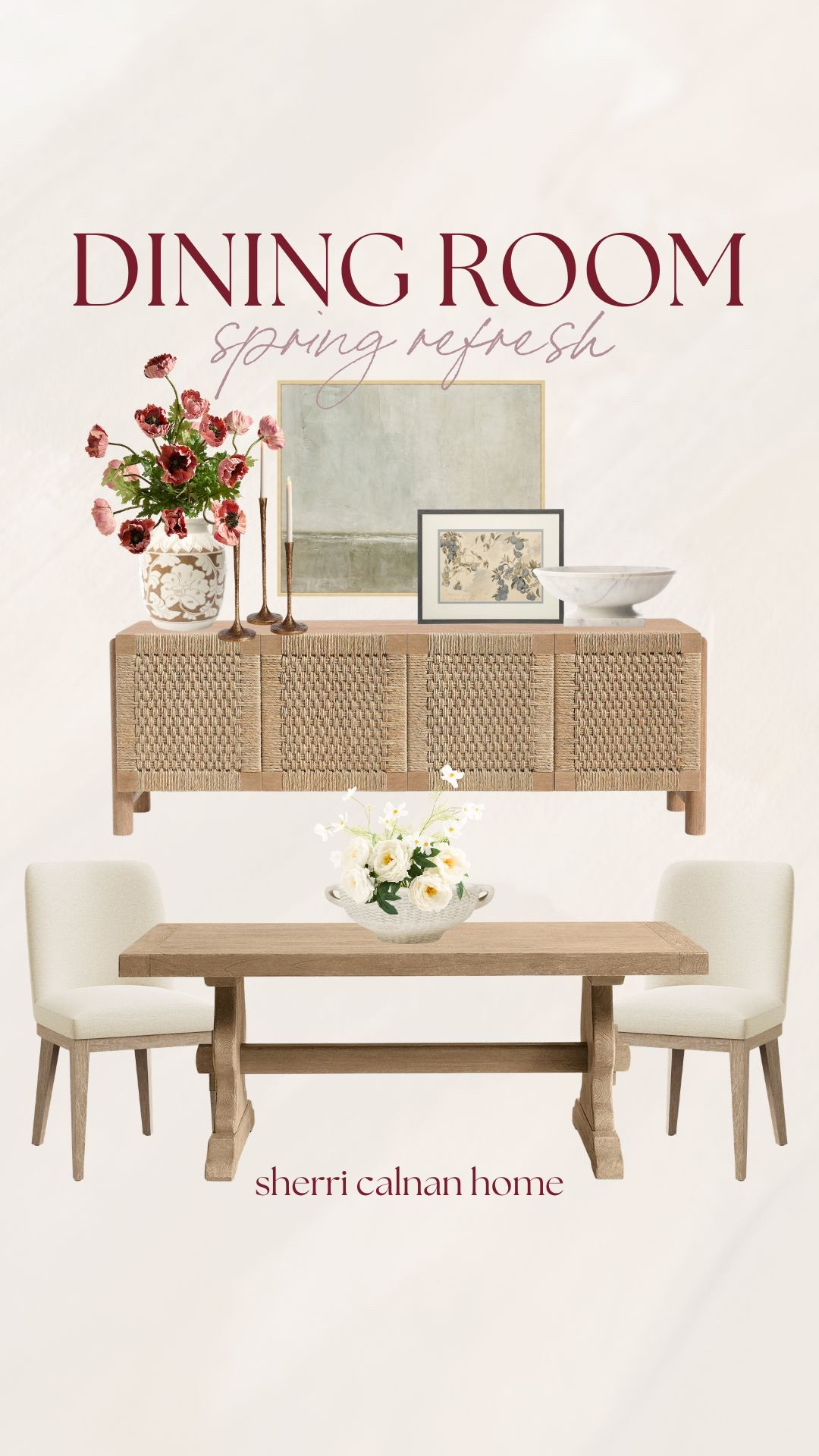 Dining room spring refresh styled with woven sideboard cabinet, neutral dining chairs, wood trestle table, ceramic serving bowl, framed artwork, and fresh floral arrangements.

Dining room decor ideas, spring dining room refresh, woven sideboard cabinet, neutral upholstered dining chairs, wood trestle dining table, ceramic serving bowl, framed botanical art, classic dining room styling, sherricalnanhome

#LTKhome
