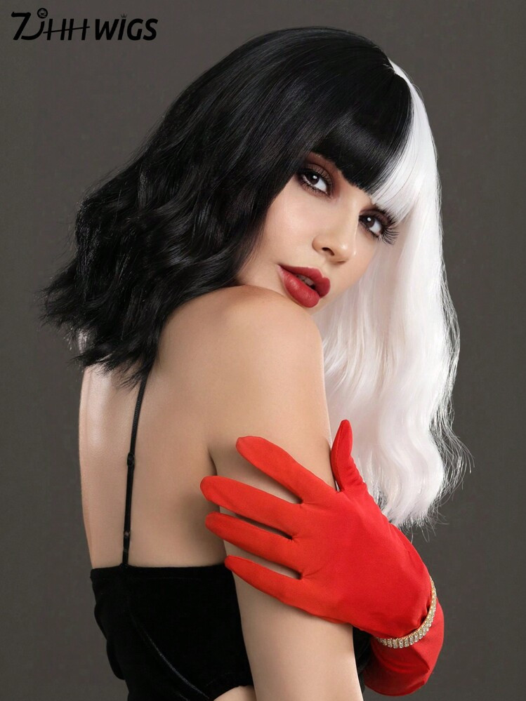 7JHH WIGS Black White Wig Soft Short Wavy Bob Wig For Women Shoulder Length Curly Wigs With Bangs High Quality Synthetic Costume Wigs For Girls Cosplay Easter Party Rave Halloween Use 14 Inch ( Ins Image Sharing Social Media ) | SHEIN