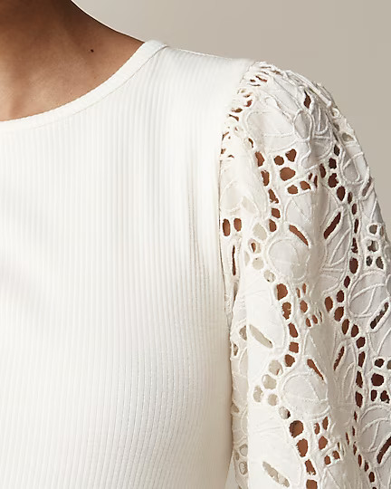 Vintage rib top with cotton poplin eyelet sleeves | J. Crew US