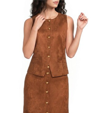 A Loves A Suede Round Neck Sleeveless Button Front Coordinating Vest Top -  M | Dillard's