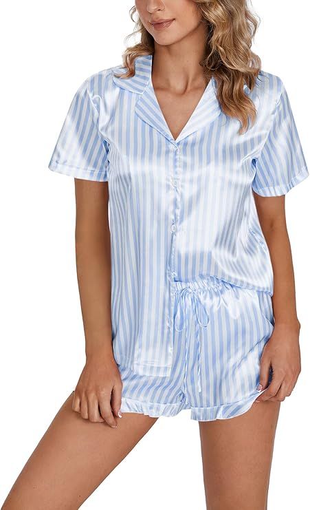 Women's Satin Pajamas Set Button Down 2 Piece Silk Pjs Shorts Set Ruffle Notch Collar Sleepwear | Amazon (US)