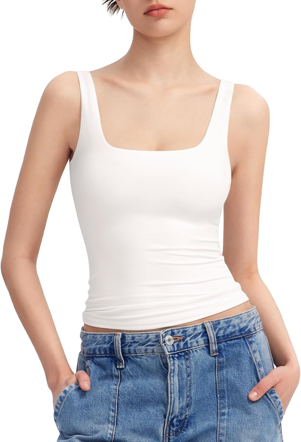PUMIEY Women's Square Neck Tank Top Sleeveless Double Lined Basic Tops Sharp Collection | Amazon (US)