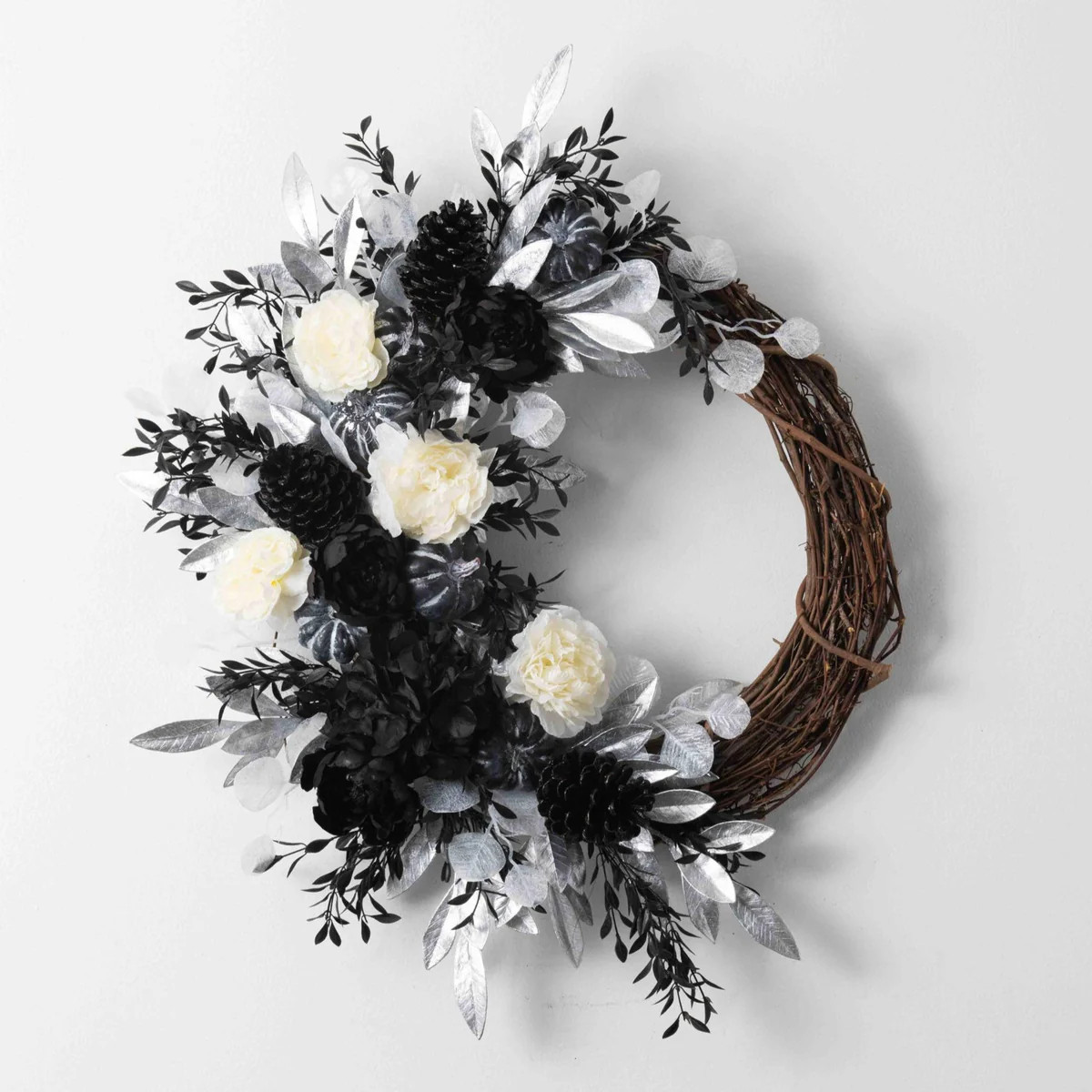 All Hallows Eve - Gothic Black Peony, Pumpkin & Pinecone, White Ranunculus & Silver Bay Leaf Asym... | Darby Creek Trading
