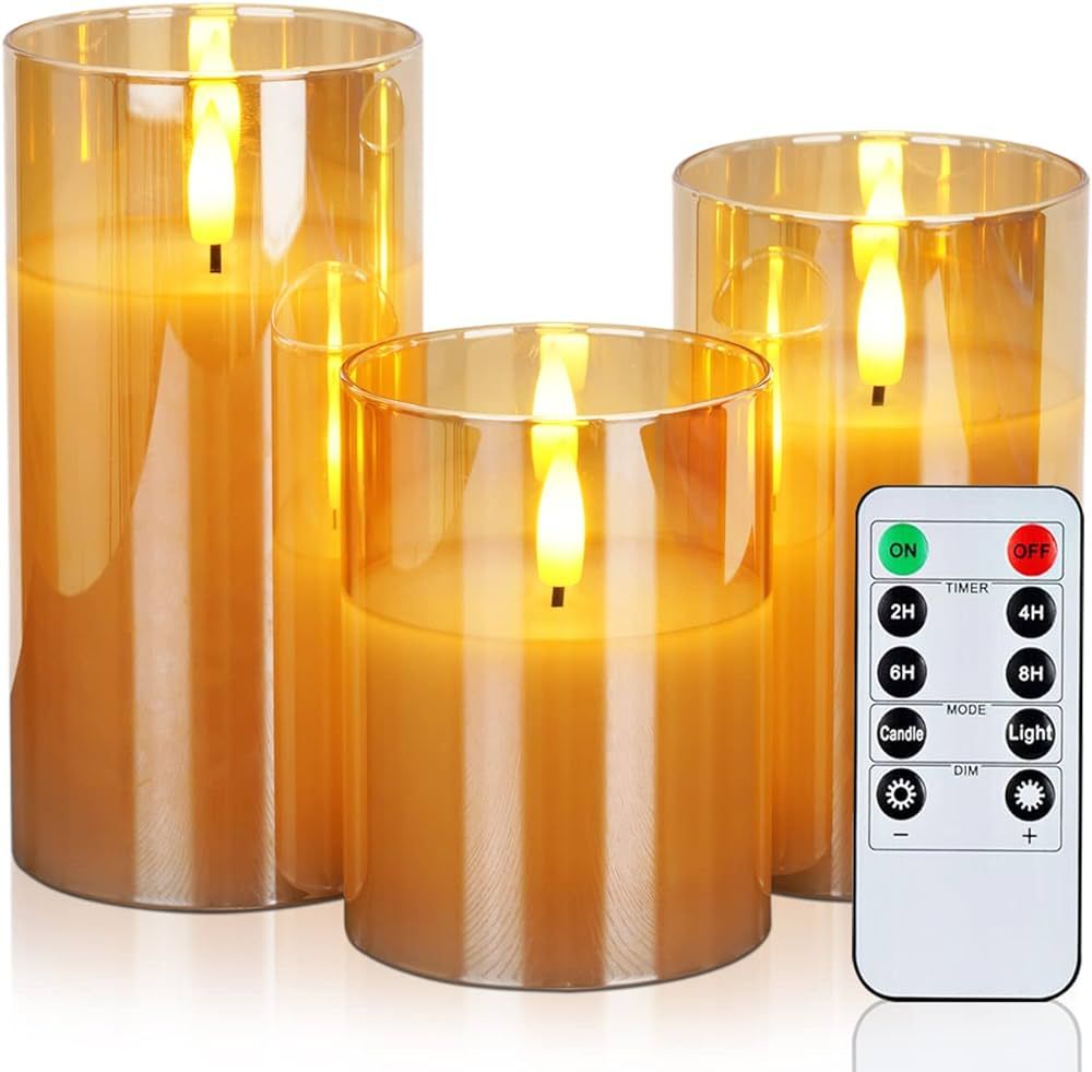 Amagic Gold Glass Flameless Candles Battery Operated with Timer, Remote Control, LED Pillar Candl... | Amazon (US)