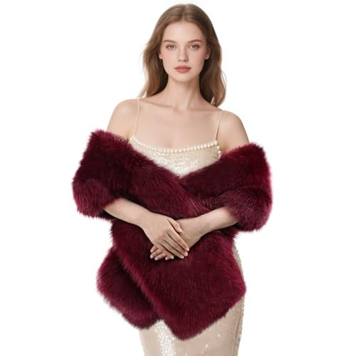 FeelfunFeather Women's Faux Fur Shawl, Long Winter Warm Scarf Shawl for Bridal Wedding Party Festive Celebrations Christmas(1.8m)-WineRed | Amazon (US)