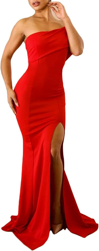 BLENCOT Womens Off The Shoulder Party Dresses One Sleeve Slit Maxi Bodycon Prom Dress Evening Cockta | Amazon (US)