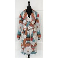 Trench Coat in Wool Blend Southwest Diamond Print Orange Red Brown & Dark Turquoise - Unlined | Etsy (US)