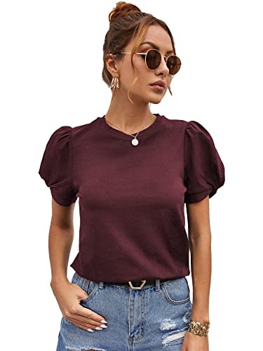 SweatyRocks Women's Summer Short Puff Sleeve Tee Top Round Neck T-Shirt Burgundy M | Amazon (US)