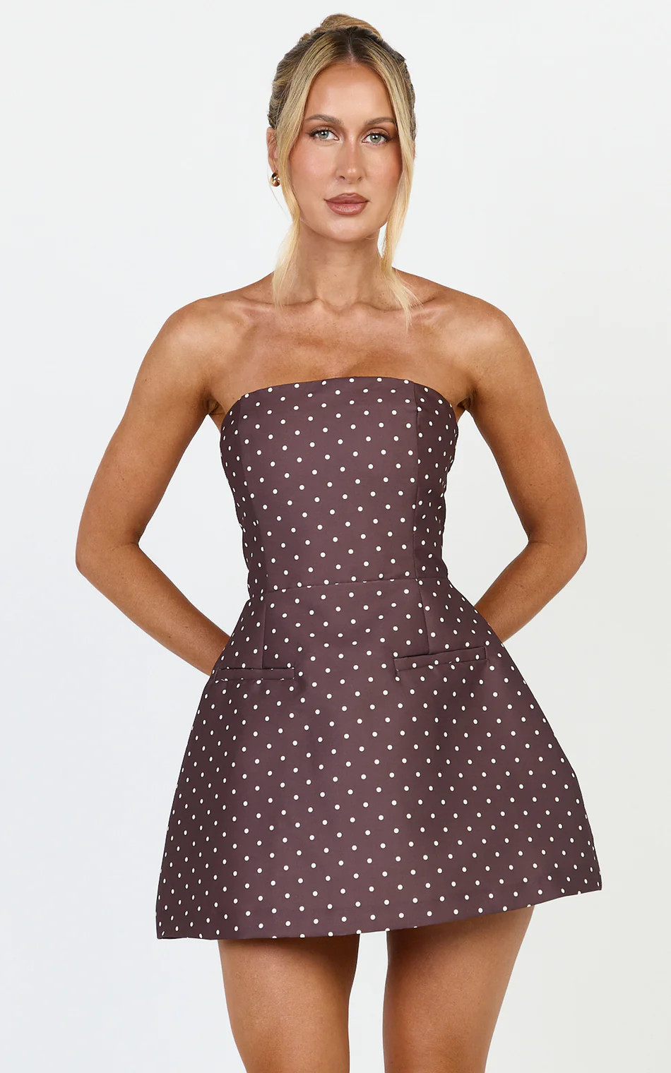 Strapless Fit and Flare Playsuit in Chocolate/Cream Polka Dot | Showpo (US, UK & Europe)
