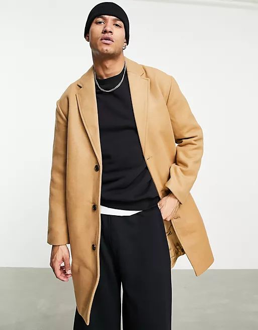ASOS DESIGN relaxed fit longline wool mix overcoat in camel | ASOS (Global)