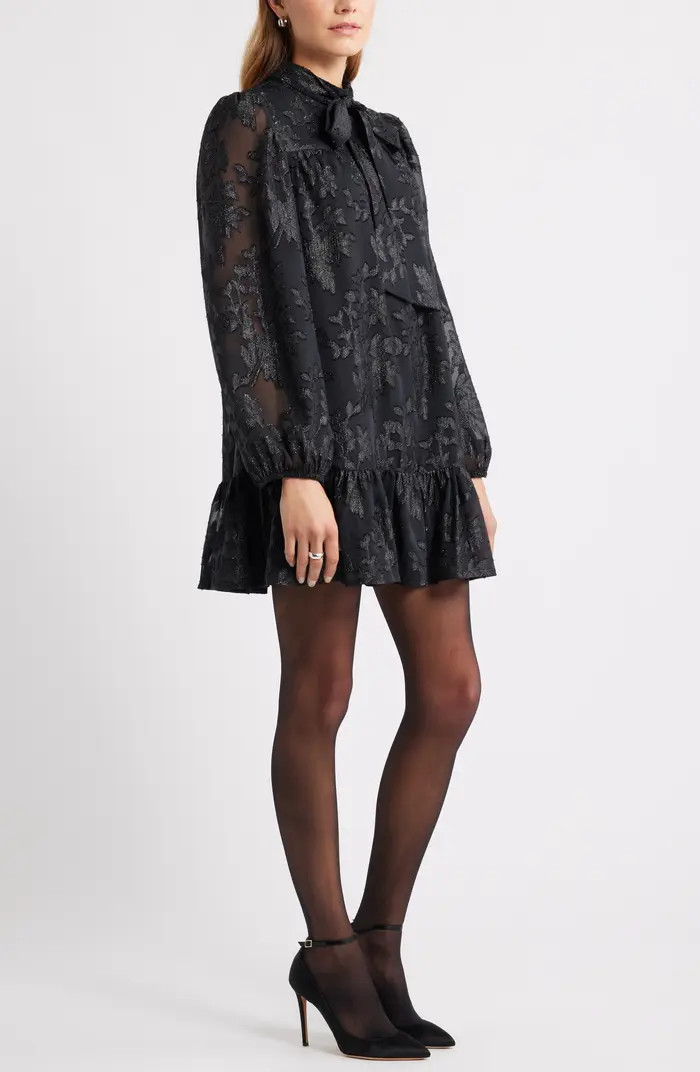 Metallic Floral Jacquard Long Sleeve Shift Minidress | Nordstrom