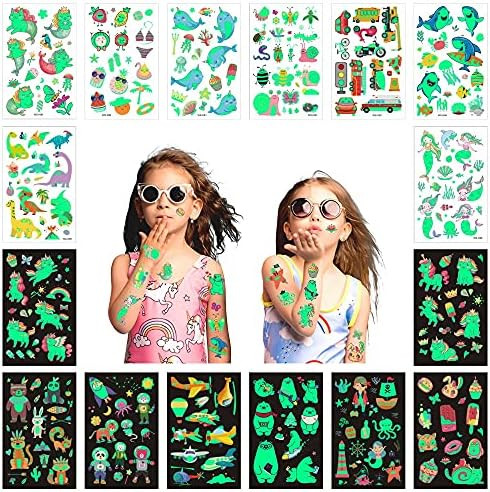 16 Sheets Temporary Tattoos for Kids Glow in The Dark Tattoos Animal、Unicorn、Mermaid、Univer... | Amazon (US)