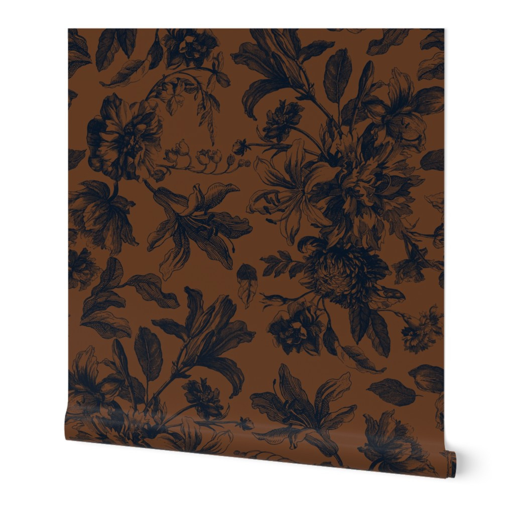 Wallpaper in Vintage Chintz New Farmhouse Engraving Roses Lilies Poppies Peonies Garden | Spoonflower