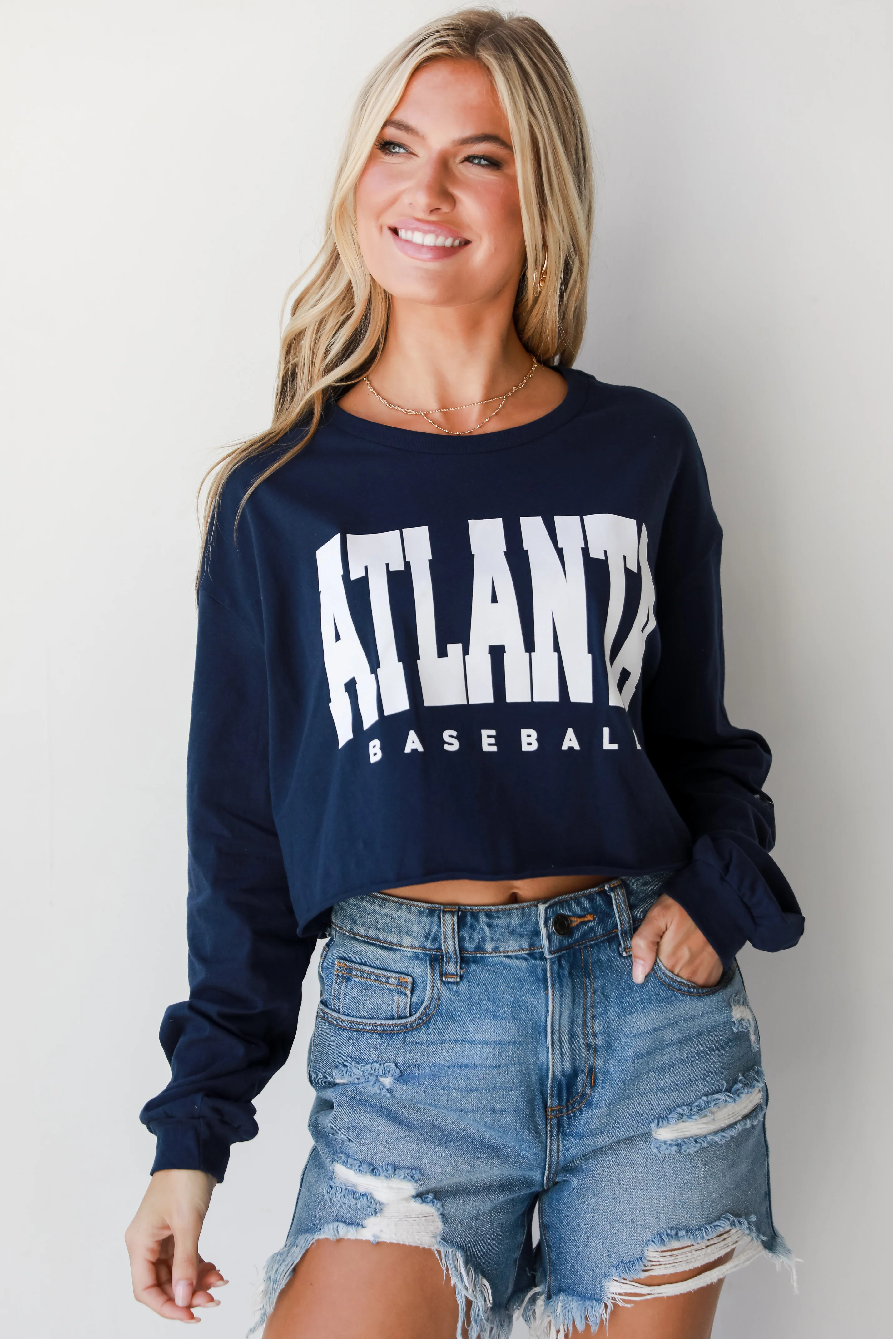 Navy Atlanta Baseball Cropped Long Sleeve Tee | Dress Up