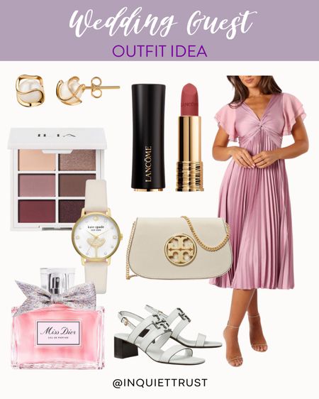 Level up your wedding guest style with this stylish outfit idea that is perfect for spring: a purple silk midi dress, beige handbag, white heels, and some gold accessories!
#trendydresses #transitionalstyle #formalwear #makeupfavorite

#LTKstyletip #LTKshoecrush #LTKitbag