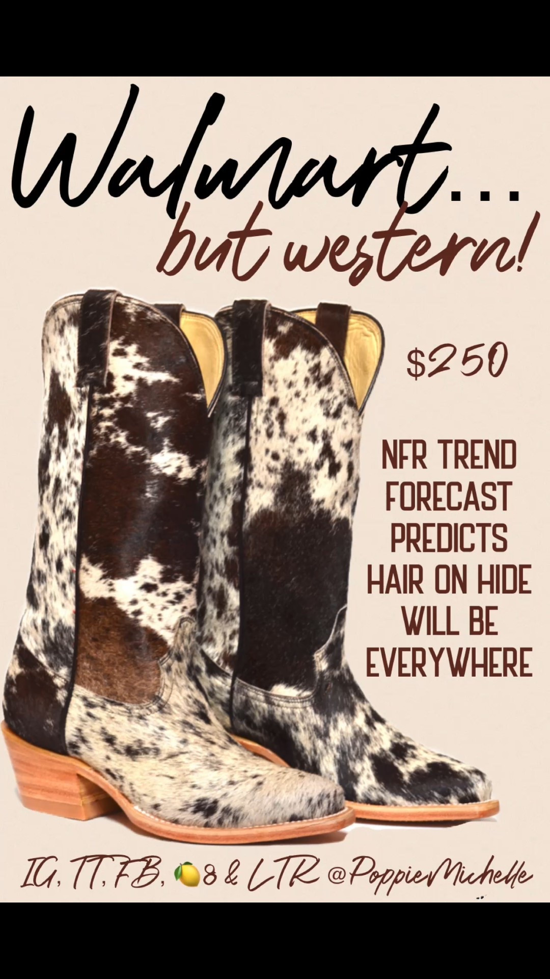NFR Trend Forecast Predictions say that Hair On Hide will be everywhere this Rodeo Season 

Cow hide cowboy boots 
Square toe cowboy boots 
NFR Outfits 
NFR Style
Rodeo Style 
PoppieMichelle 

#LTKSeasonal