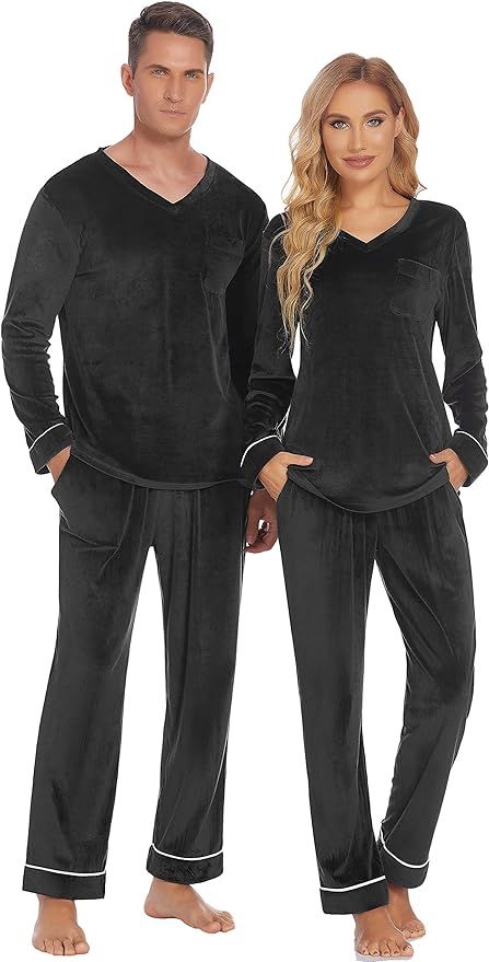 Ekouaer Couples Matching Pajamas Sets Velvet PJs Set for Men and Women Velour Long Sleeve Sleepwe... | Amazon (US)