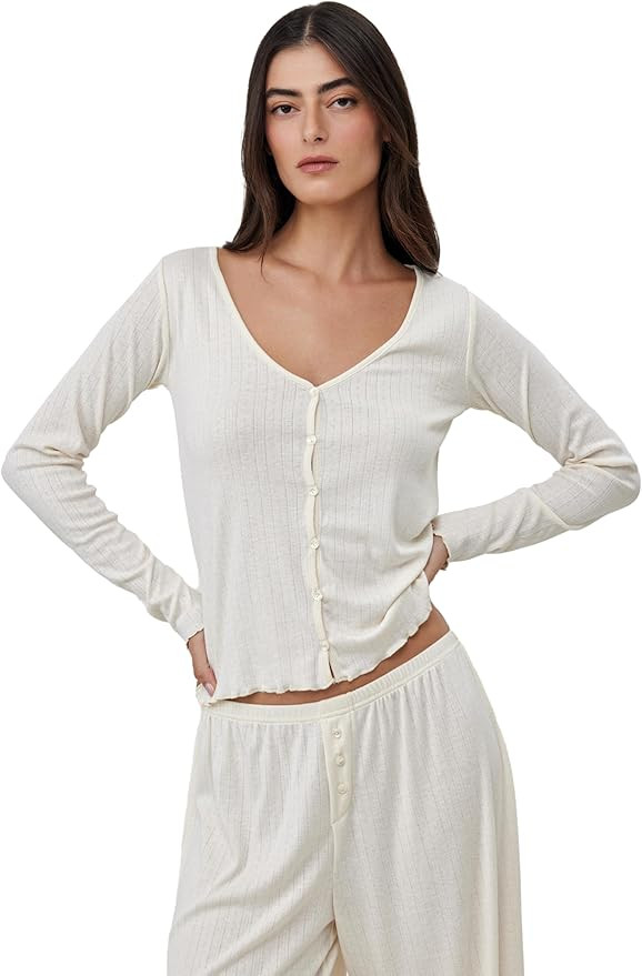 Gottex Beach Life Daydream Pointelle Loungewear Top - Front Button Closure, V Neck, Lettuce Hem E... | Amazon (US)