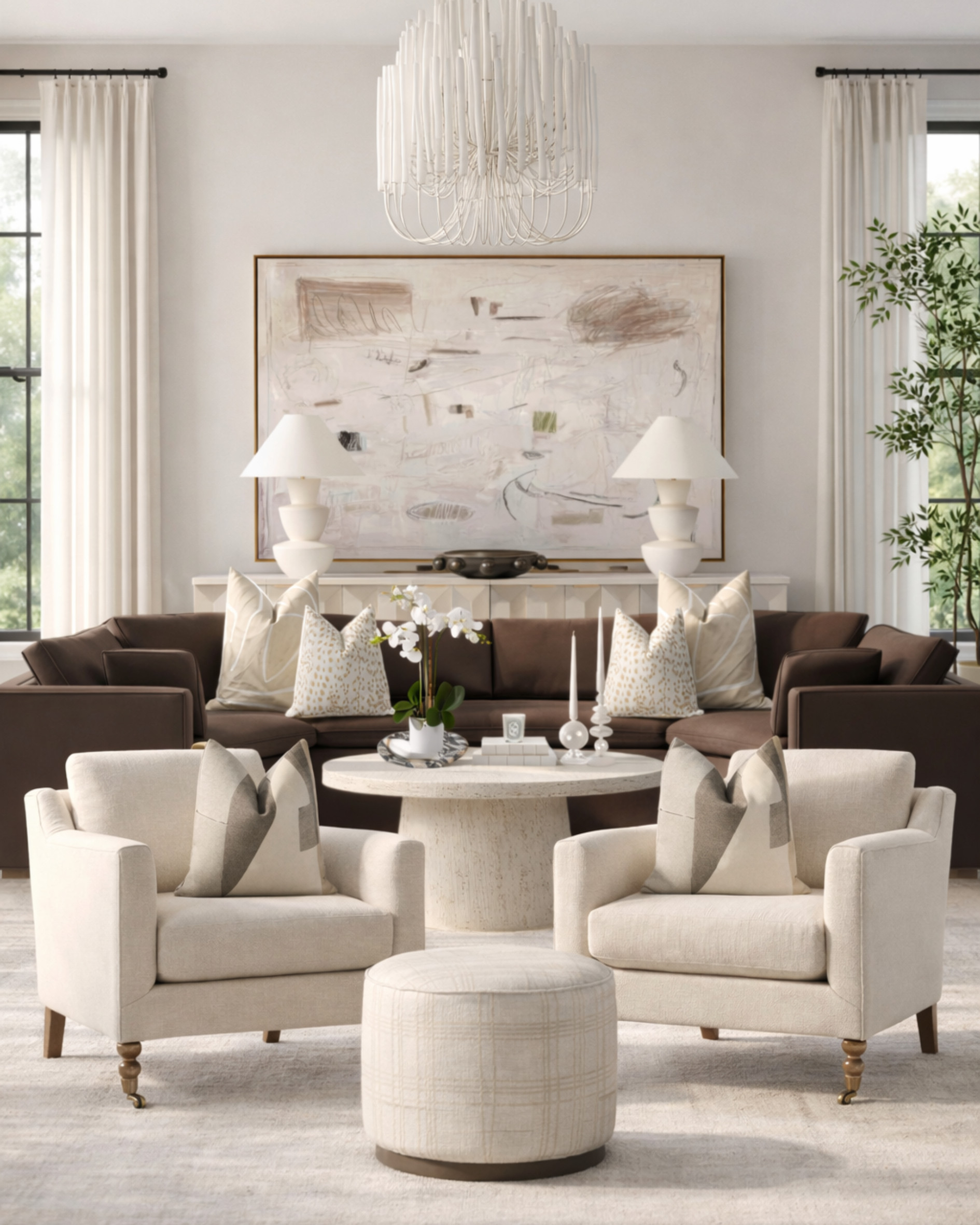 Warm neutrals, but make it intentional 👇

This is a masterclass in restraint—every piece earns its spot:
• The brown sofa adds just enough weight to anchor the palette
• Cream upholstery layered in different textures keeps it elevated, not flat
• Rounded silhouettes (chairs, ottoman, table) create a softer, more inviting flow
• The oversized artwork sets the tone and scale for the entire room
• Sculptural lighting repeats the same language without feeling matchy

It’s simple, but it’s dialed in—and that’s what makes it work.

Everything is linked to recreate the look—save this for when you want a space that feels pulled together without overthinking it 🤍

This post contains affiliate links, which means I may earn a small commission if you shop through them at no extra cost to you. 

 #LTKHome