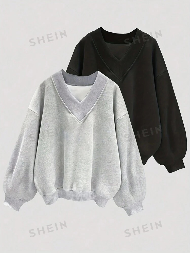 SHEIN EZwear Women's Loose V-Neck Drop Shoulder Long Sleeve Casual Baggy Sweatshirt, Autumn/Winte... | SHEIN