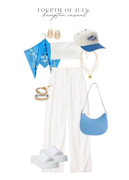 A blue fourth of july outfit look! I love matching a trucker hat to a cute purse 💙 

fourth of july l july fourth l blue clothes l blue bag l jeans l white pants l white outfit