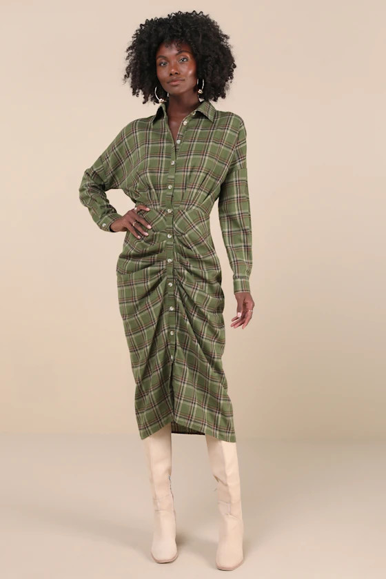 Seasonal Spirit Green Plaid Ruched Long Sleeve Midi Dress | Lulus