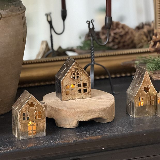 Antiqued Metal Village House Tealight Holder Set of 3 | Antique Farm House