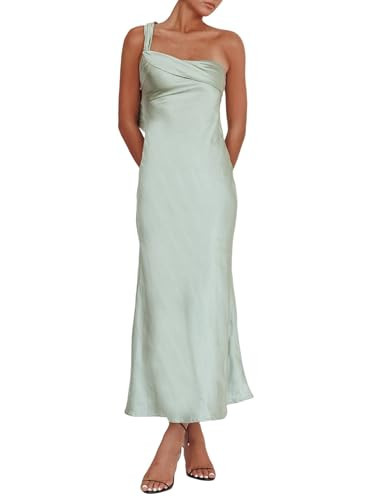 2026 Satin One Shoulder Maxi Dress for Women Summer Silk Formal Elegant Backless Ruffle Sleeveless Wedding Guest Dresses Sage | Amazon (US)
