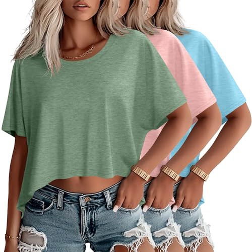 Huukeay 3 Pack Oversized Cropped T Shirts for Women Casual Short Sleeves Crop Tops Crew Neck Irregular Hem Baggy Tees(Light Green, Pink, Blue,XX-Large) | Amazon (US)