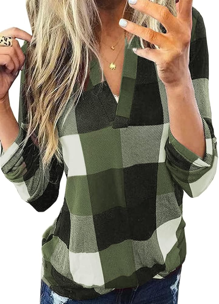 Dokotoo Womens Basic Casual V Neck Plaid Print Cuffed Long Sleeve Work Tops Blouses Shirts S-3XL | Amazon (US)