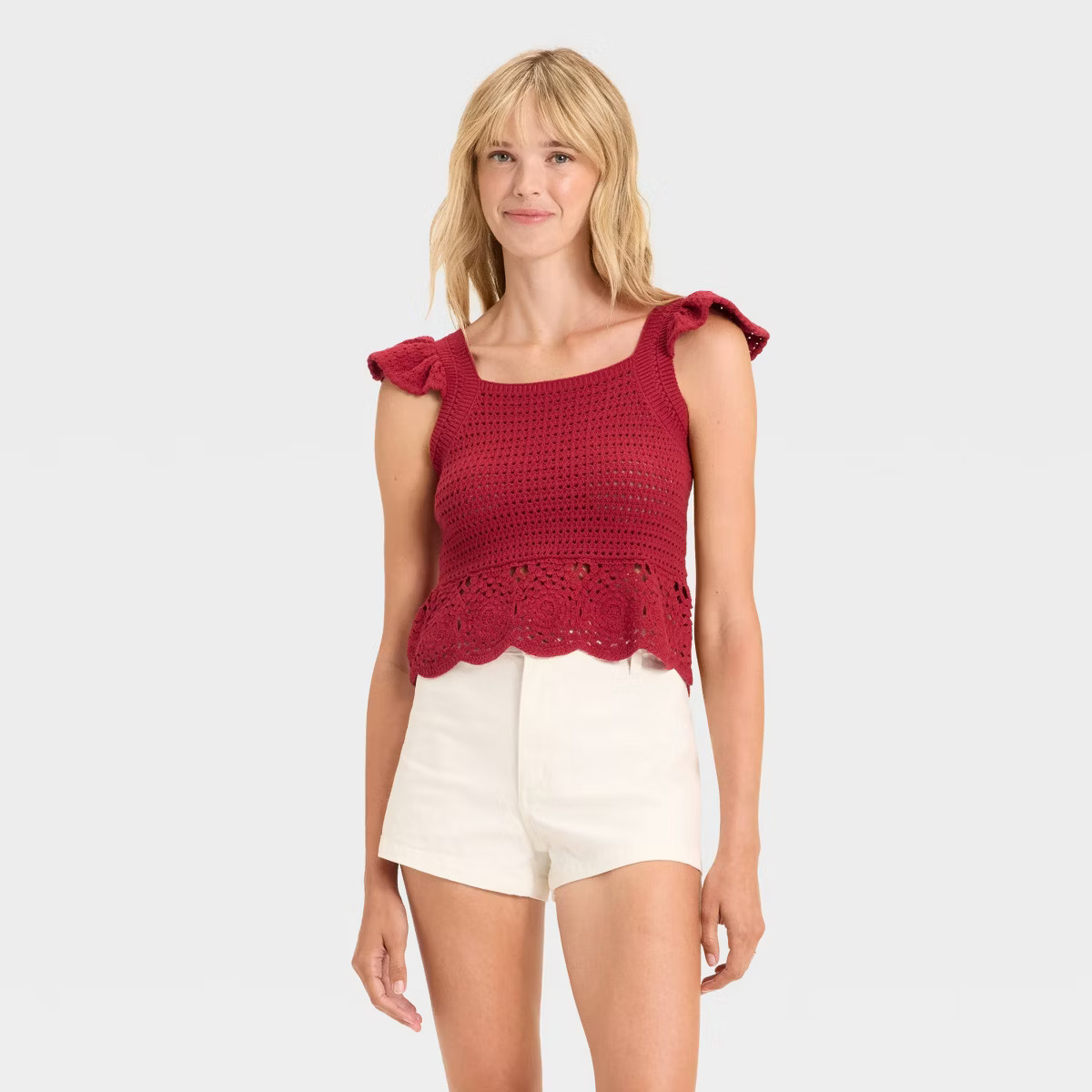 Women's Openwork Flutter Sleeve Sweater Tank - Universal Thread™ Red | Target