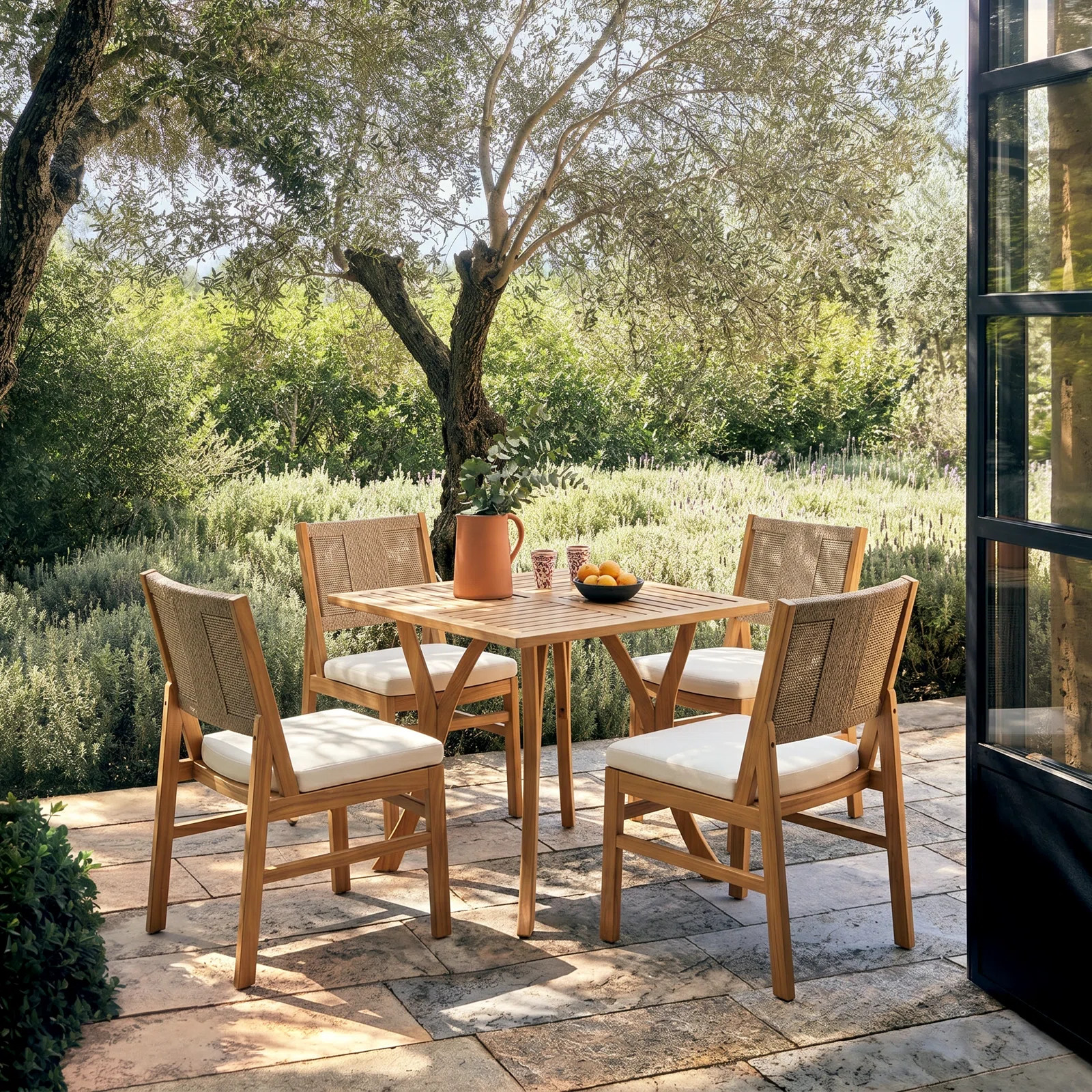 Allman Outdoor 5-Piece Acacia Wood & Wicker Woven Dining Set With Cushions | Birch Lane