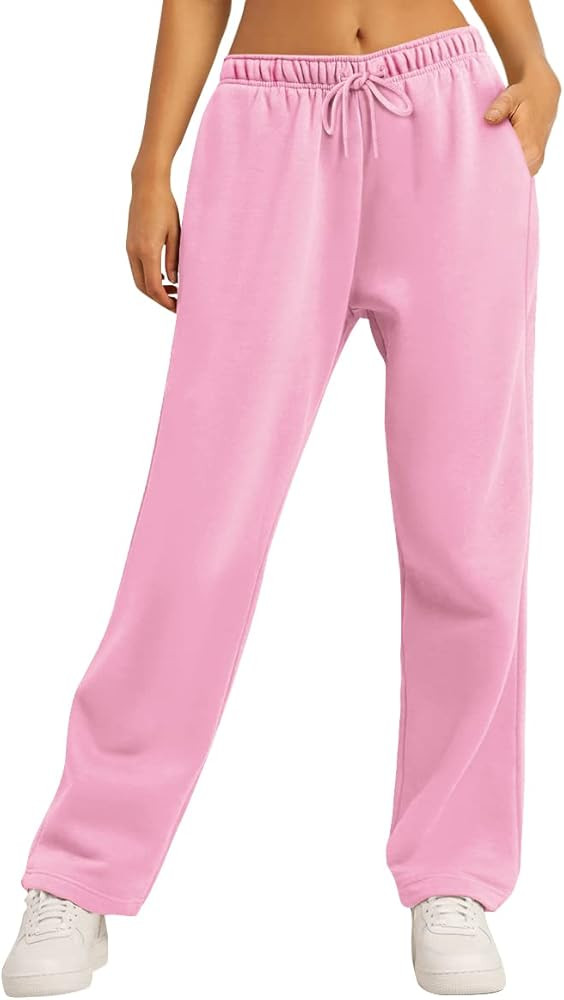 AUTOMET Women’s Fleece Lined Sweatpants Baggy Wide Straight Leg Pants | Amazon (US)