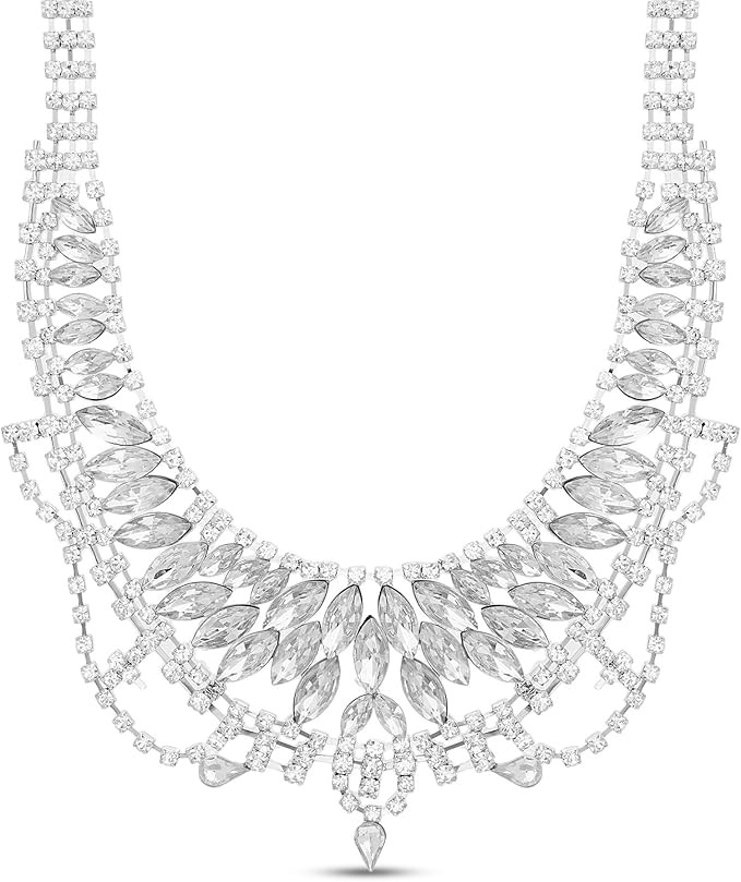 Steve Madden Rhodium Plated Marquis Crystal Bib Statement Necklace for Women | Amazon (US)