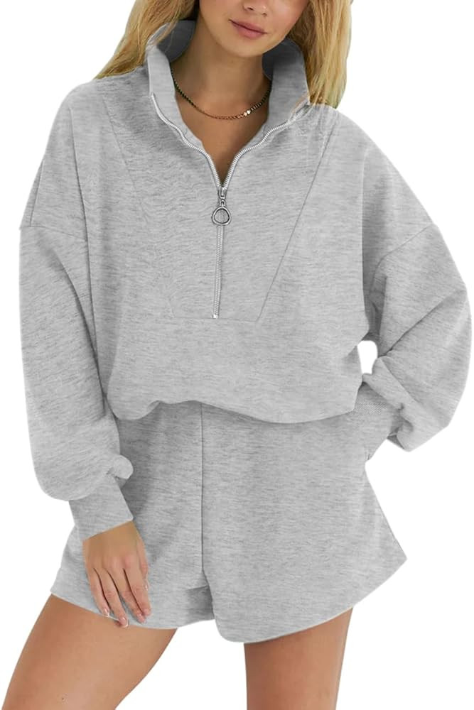 2024 2 Piece Sweatsuit Outfits For Women Half Zip Pullover Sweatshirt and Shorts Comfy Tracksuit ... | Amazon (US)