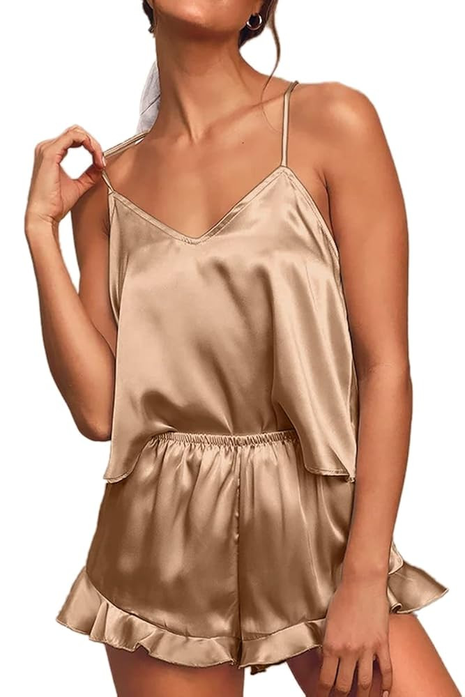 CHYRII Women's Sexy Silk Satin Ruffled Pajamas Sets Cami Shorts Sets Sleepwear | Amazon (US)