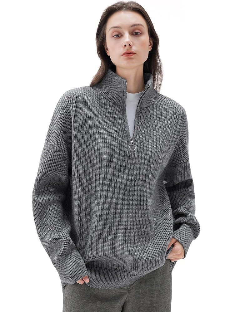 SUUKSESS Women Cashmere Oversized Quarter Zip Pullover Sweater Long Sleeve Collared Ribbed Knit J... | Amazon (US)