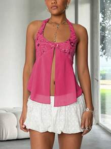 Women Sequin Beaded Mesh Patchwork Halter Top Y2K Sparkly Sleeveless Deep Low Cut Split Sheer Cami Tank Tops Glitter Rhinestone Backless Camisole Crop Tops Summer Slim Fit Vests Shirts Going Out Tops Club Party Beach Streetwear | SHEIN