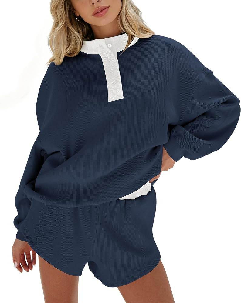 MISSACTIVER Womens 2 Piece Waffle Knit Lounge Sets Oversized Color Block Mock Neck Sweatshirt Shorts Fall Matching Sweat Set | Amazon (US)