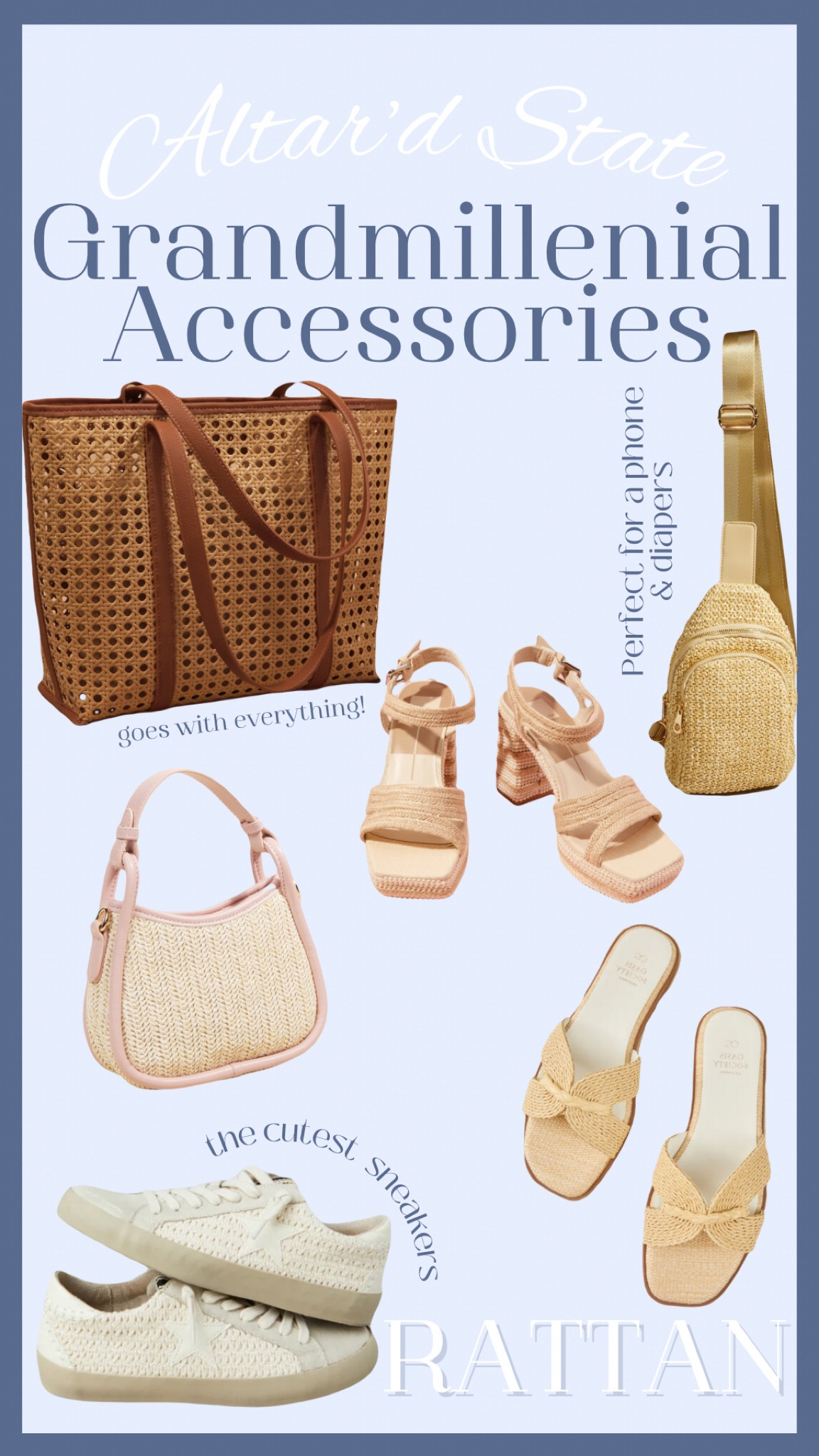 Rattan grandmillenial and classic accessories. 

Tags:
Grand millennial summer purse bag sneakers woven rattan seagrass crossbody heels sandals platforms clutch purse slides slip ons 

#LTKFindsUnder50 #LTKSaleAlert #LTKFindsUnder100