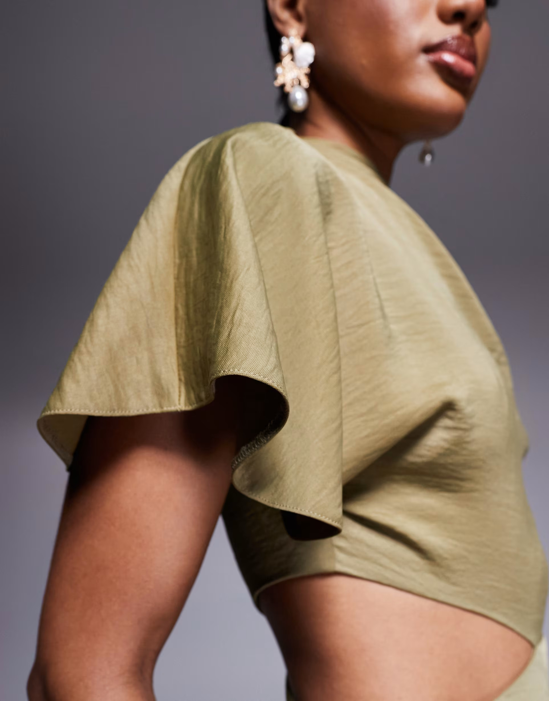 ASOS DESIGN satin drape asymmetric cutout midi dress in olive | ASOS (Global)