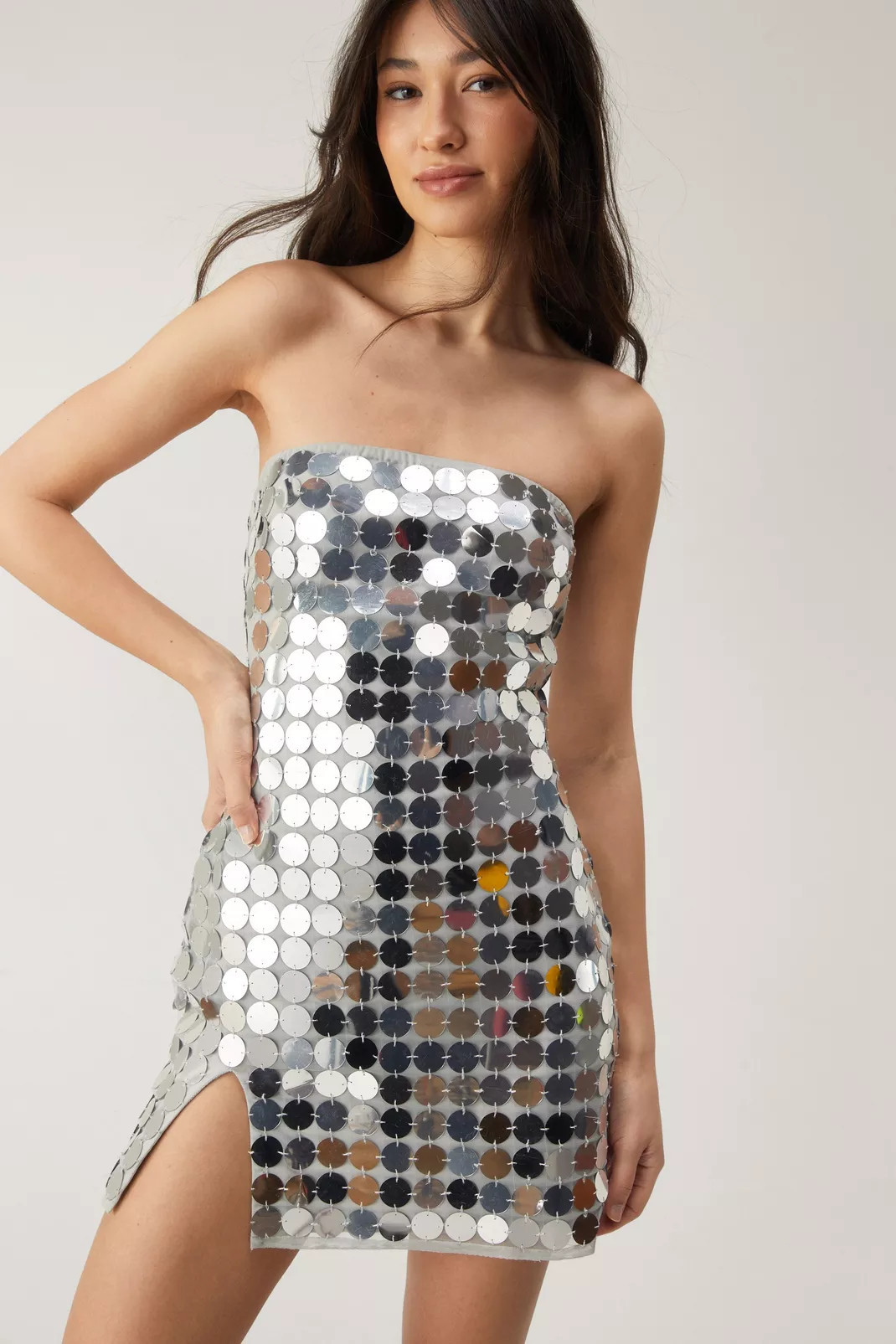 Mirrorball Disc Sequin Bandeau Split Mini Dress | Nasty Gal US