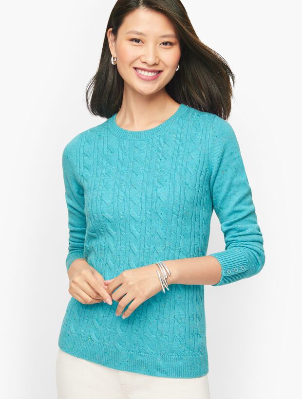 Button Cuff Cable Knit Tweed Sweater | Talbots