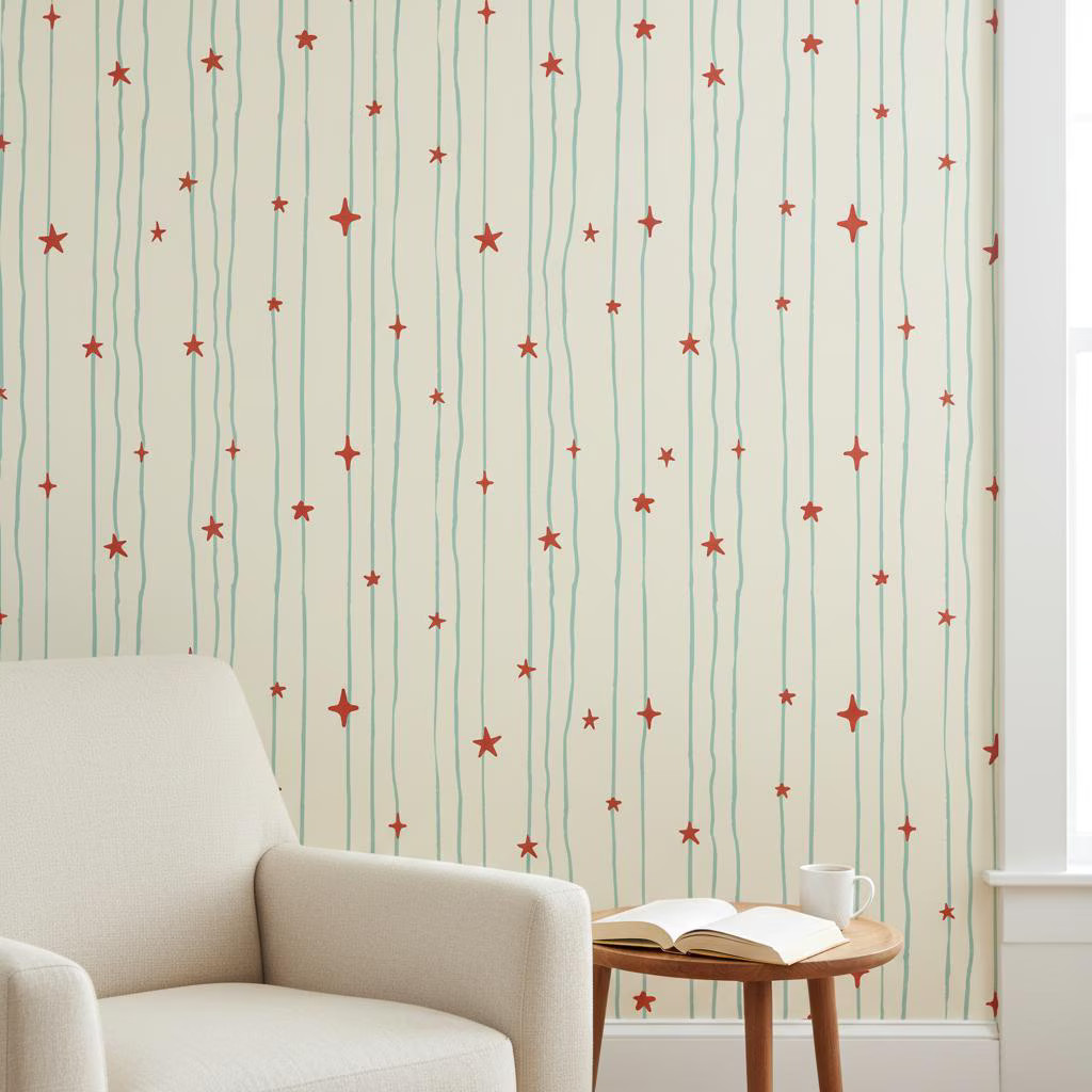 Red Star Wallpaper, Whimsical Line Kids Peel and Stick Mural, Removable Wallpaper | Etsy (Global)