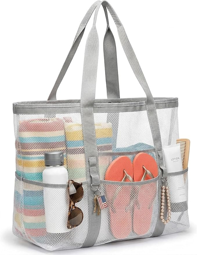 F-color Mesh Beach Bag Family - Large Tote Bag 9 Pockets for Swim Pool Toys Cruise Beach Vacation... | Amazon (US)