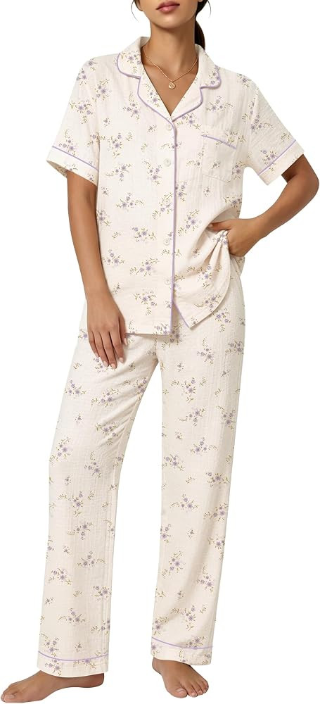SWOMOG 100% Cotton Pajamas Set for Women Floral 2 Piece Button Down Pjs Short Sleeve Double Gauze... | Amazon (US)