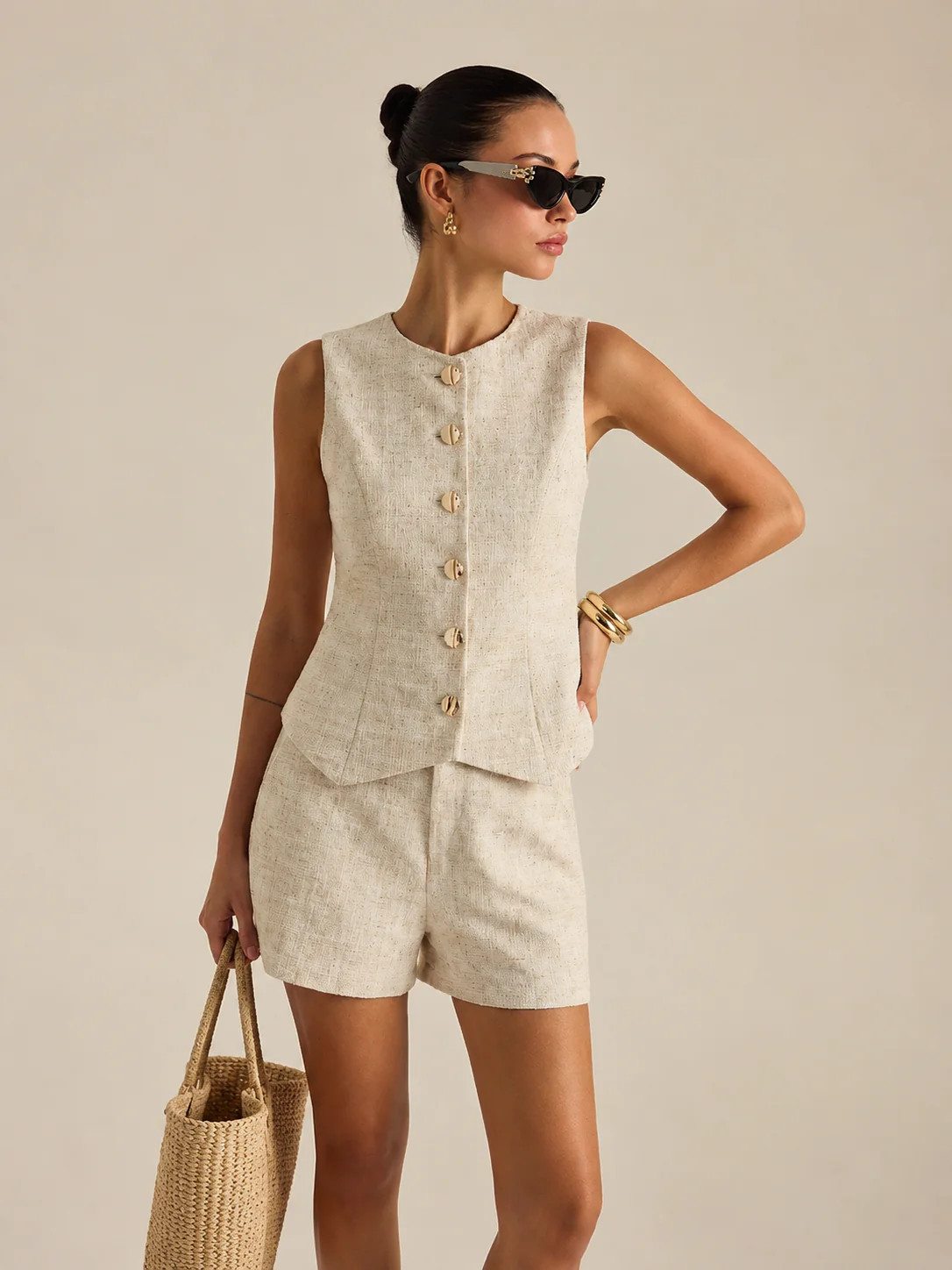 Tweed Buttoned Vest & Mini Shorts Set | Commense
