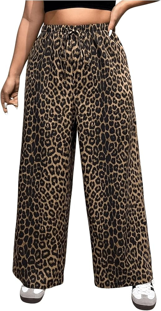 MakeMeChic Women's Plus Size Cheetah Print Wide Leg Summer Pants Casual Drawstring Waist Trousers | Amazon (US)