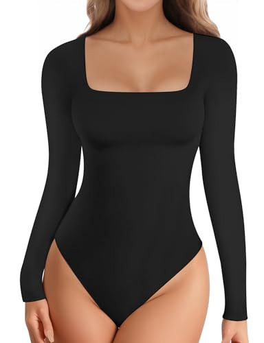 YOGINGO Long Sleeve Square Neck Bodysuits for Womens Going Out Body Suits Basic Leotards Jumpsuits Outfits Shirt Tops Halloween Fall Outfits Dupe Tummy Contro Black L | Amazon (US)